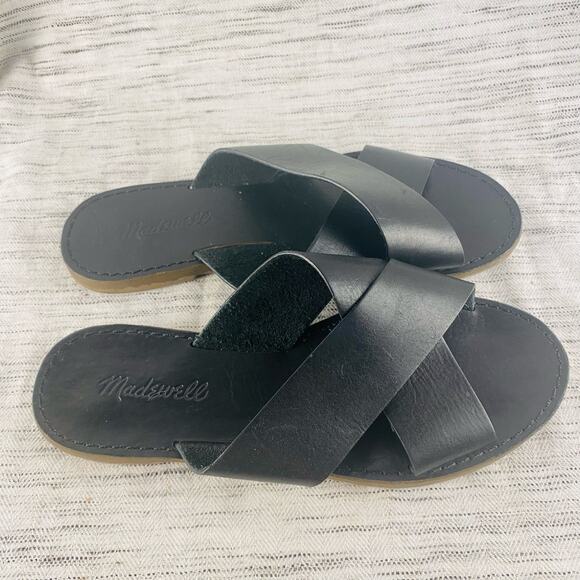 Madewell Raven Black Criss Cross Leather Boardwalk Slide‎ Sandal Sz 7 Minimalist - Picture 2 of 7